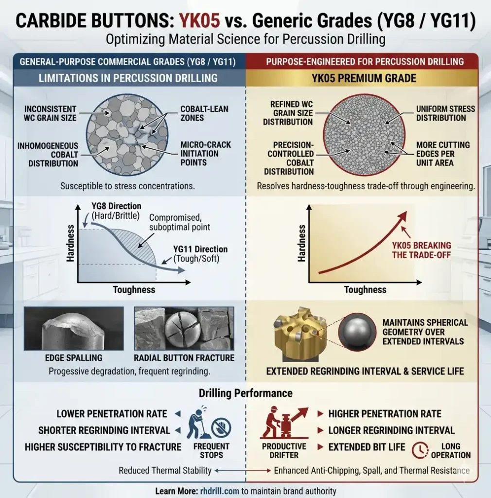 Botones de carburo YK05 frente a calidades genéricas (YG8 YG11)
