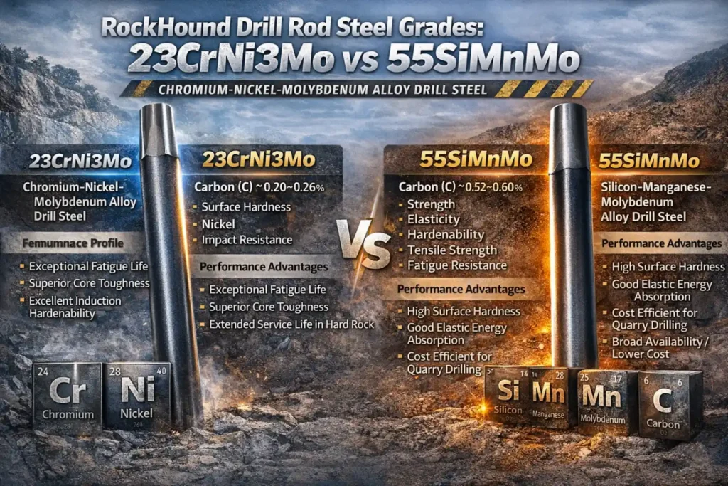 Grados de acero para barras de perforación RockHound 23CrNi3Mo vs 55SiMnMo